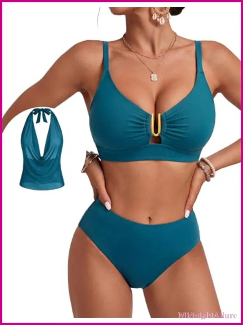 Nylon Spandex Mesh Bikini Set with U-Wire, Removable Padding, 3 Piece Swimsuits